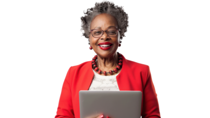 Portrait of american senior african woman holding laptop on white background
