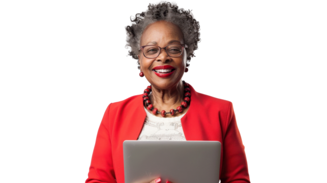 Portrait of american senior african woman holding laptop on white background
- Powered by Adobe