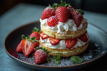 Delicious strawberry shortcake with whipped cream and powdered sugar