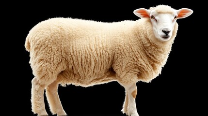 Fototapeta premium Fluffy sheep standing against black background.