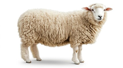 Fototapeta premium Fluffy sheep standing on white background.