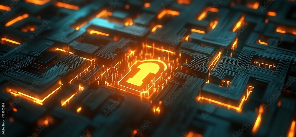 Poster digital lock symbol amidst a glowing circuit-like background, representing cybersecurity.
