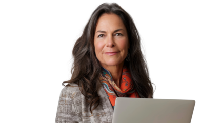 Portrait of american middle age  woman holding laptop on white background
