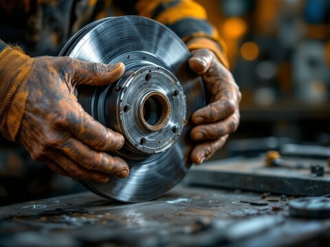 Expert hands delicately handle a metallic brake rotor in a bustling workshop, showcasing skillful craftsmanship amidst an array of tools and equipment
