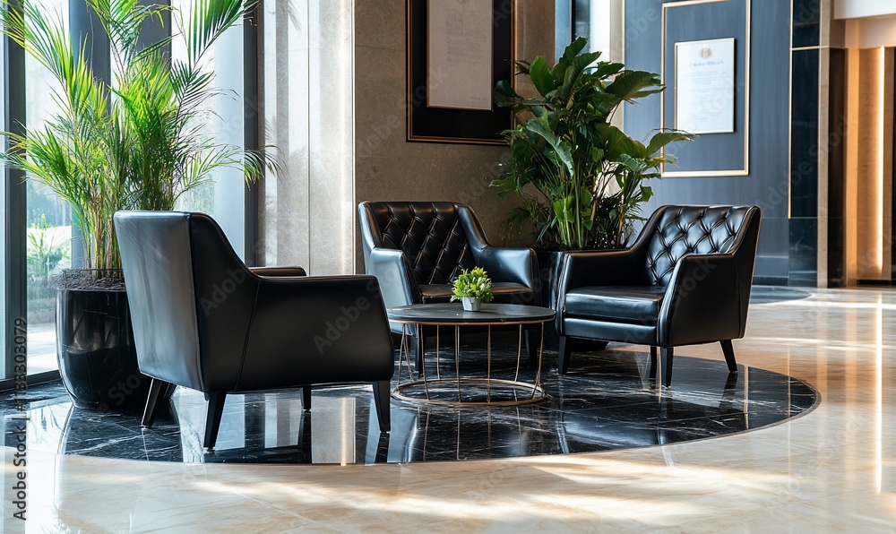 Poster elegant seating area with black chairs and a small table surrounded by greenery.