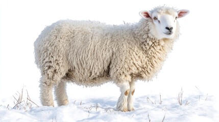 Fototapeta premium Fluffy white sheep standing in snow.