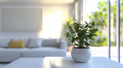 Fototapeta premium Minimalist living room with a small potted plant on a white table and soft natural light