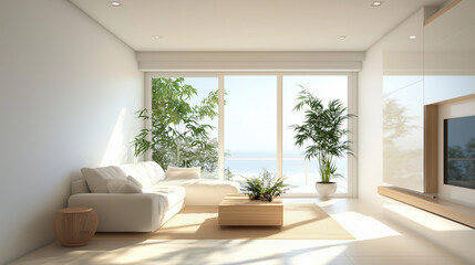 Fototapeta premium Bright minimalist living room with large windows, indoor plants, and neutral white decor
