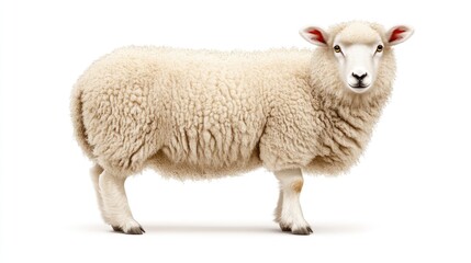 Fototapeta premium Fluffy white sheep standing on white background.