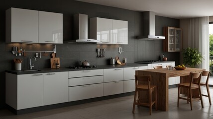 Modern kitchen interior design with white cabinets, dark gray wall, wooden island, and stainless steel appliances.