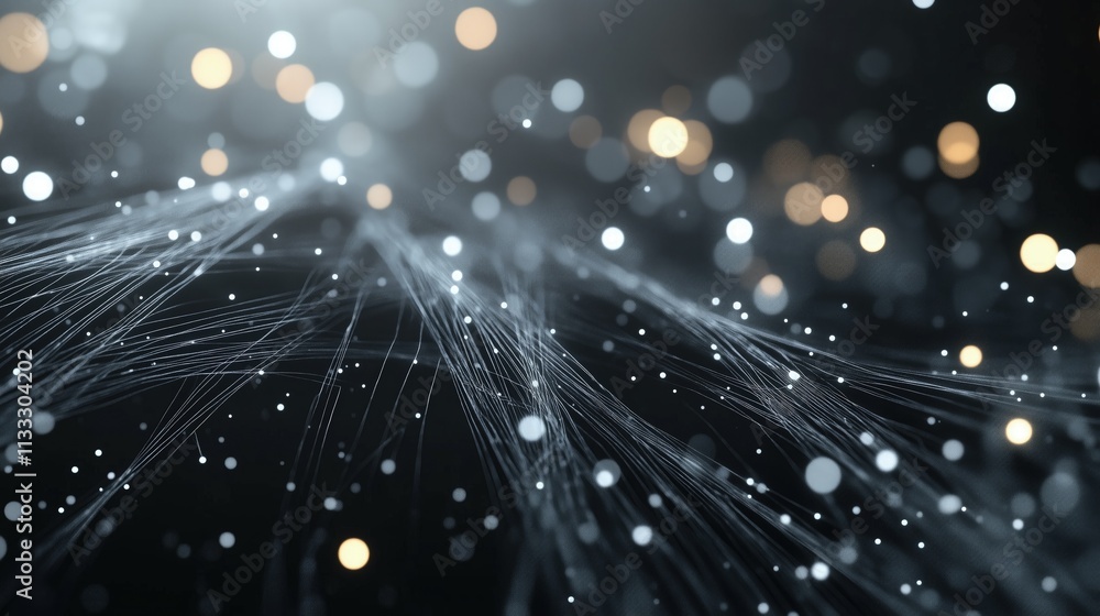 Poster abstract dark background with glowing particles and lines.