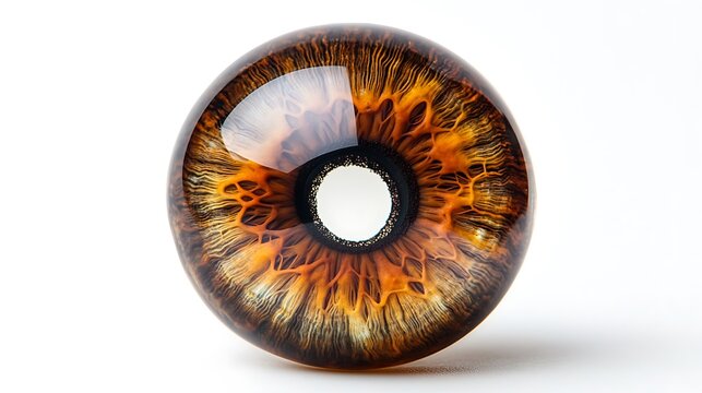 22. A human eyeball with a dark brown iris and clear corneal reflection, isolated on a white background