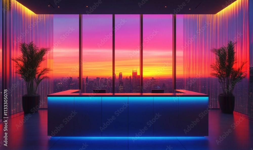 Poster modern reception area with a vibrant sunset view and elegant decor.