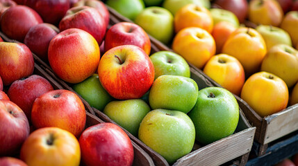 Fresh colorful apples in wooden crates at a vibrant farmers market showcasing organic produce and healthy lifestyle choices
