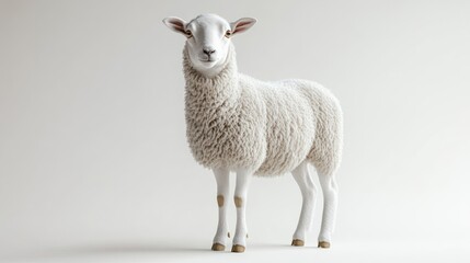Fototapeta premium Full shot of a white sheep standing on a plain background.