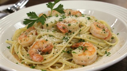 Plate of shrimp scampi pasta with herbs and grated cheese in a cozy dining setting