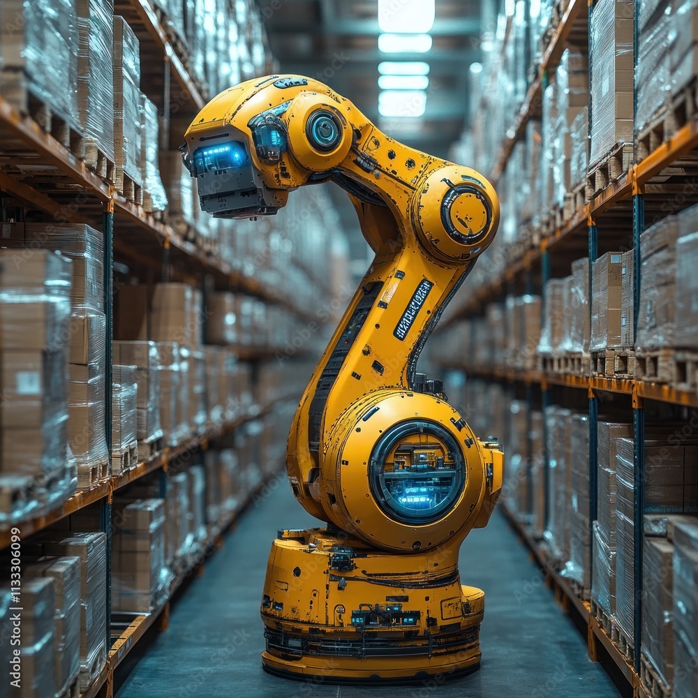 Poster a robotic arm in a warehouse, designed for automation and material handling.