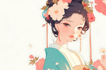 Fototapeta premium A serene portrait of a woman in traditional attire, adorned with floral accessories.