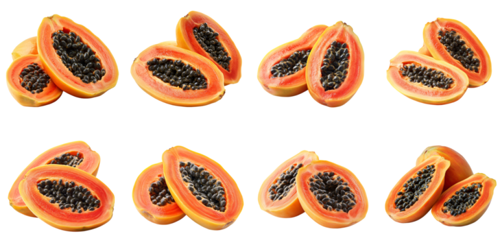 Collection of various A fresh papaya sliced in half to show the black seeds isolated on white transparent background PNG set - Powered by Adobe