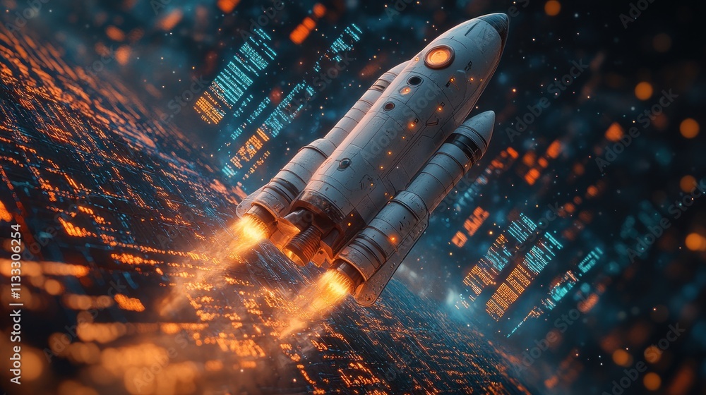 Poster a rocket launching into space amidst a digital backdrop of data and technology.