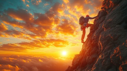 A climber ascends a rocky peak at sunset, showcasing adventure and determination.