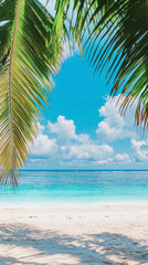 Naklejka premium Tropical beach serenity palm leaves framing a tranquil white sand oasis coastal paradise nature photography coastal view relaxation