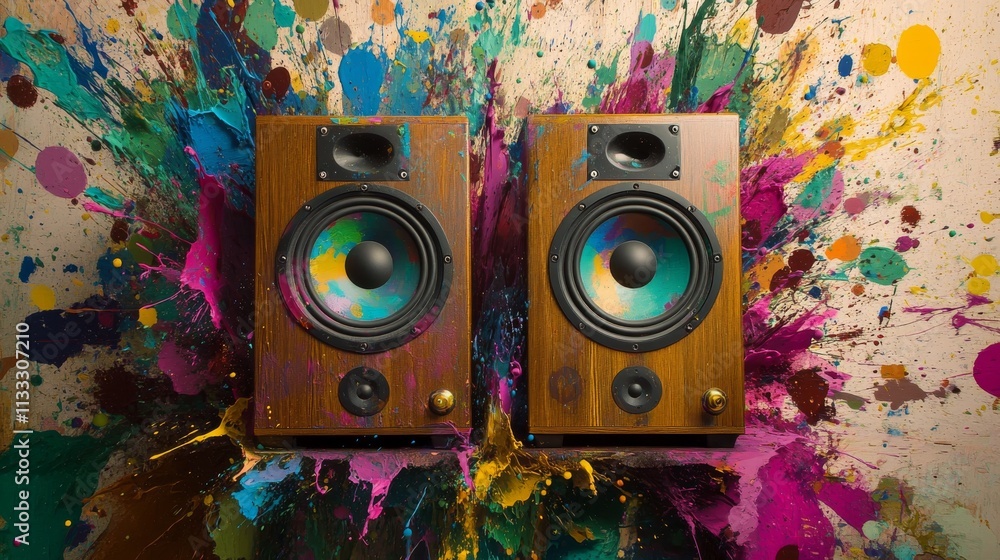 Poster a pair of vintage-style wooden speakers set against an explosion of colorful paint splashes. the dyn