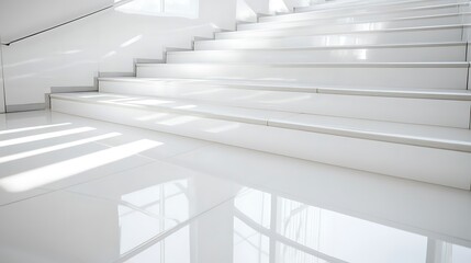 Obraz premium 22. A close-up of the steps of a staircase with polished white surfaces, creating a reflective look on a white background