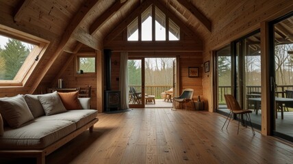 Fototapeta premium Cozy wooden cabin interior with large windows showcasing forest views. A spacious living area features a wood-burning stove, comfortable seating, and hardwood floors.
