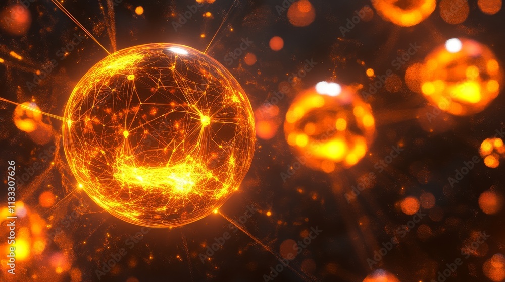 Poster a luminous sphere glowing with interwoven golden lines in a dark abstract setting. ideal for represe