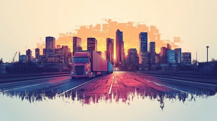 Fototapeta premium Modern Cityscape with a Truck on an Empty Road at Sunset, Vibrant Urban Skyline Silhouette and Colorful Reflections on Asphalt, Transportation and Industry Concept