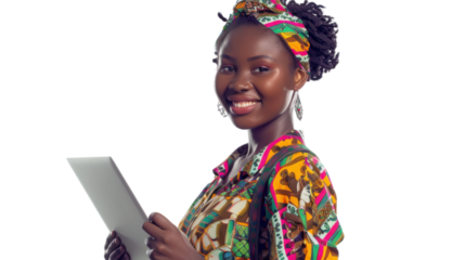Portrait of african young happy woman holding laptop on white background