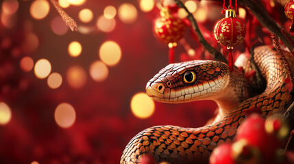Obraz premium Christmas banner with a snake, for the year of the snake. Chinese lanterns. With a place for the text.