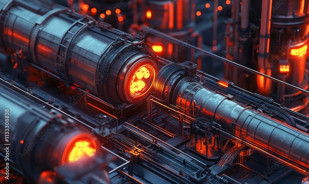 Poster A close-up view of industrial machinery with glowing elements and intricate piping.