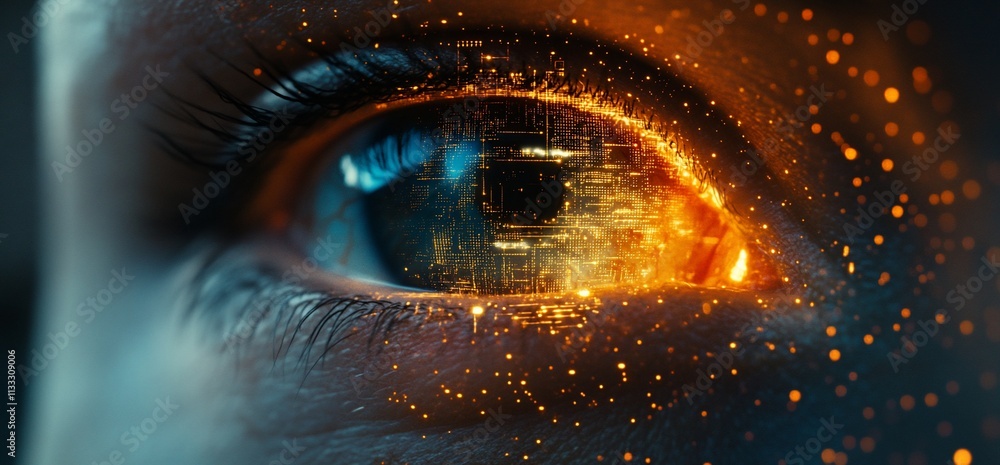 Aufkleber a close-up of an eye with digital effects and glowing elements, symbolizing technology and vision.