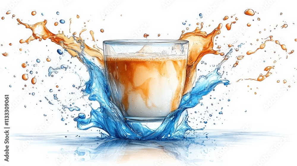 Poster refreshing creamy beverage splashing in bright colors with dynamic water effects and delightful liqu