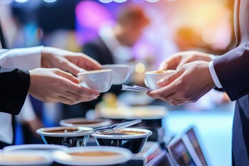 Close-up of hands exchanging coffee cups at a business event.