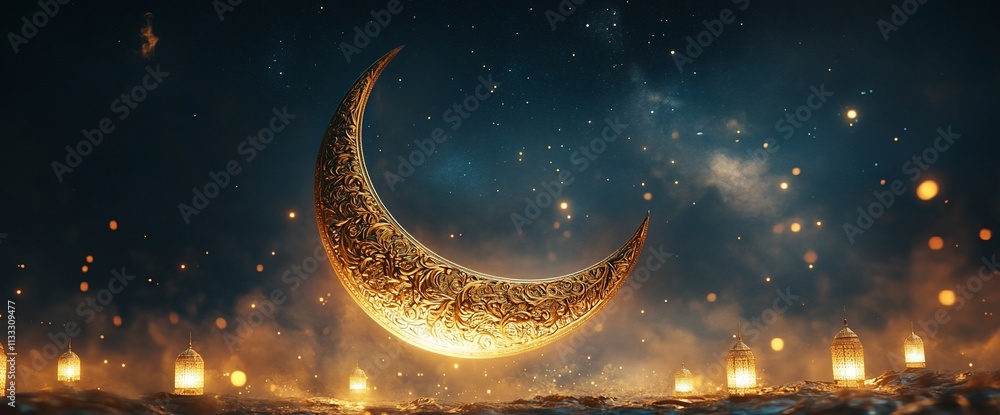 Poster a crescent moon illuminated in a mystical night sky, surrounded by glowing lanterns.