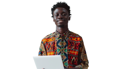 Portrait of african young happy man holding laptop on white background