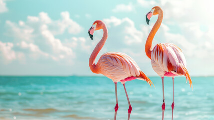 Obraz premium Two Elegant Flamingos Standing Gracefully by the Shoreline Under a Bright Sky and Gentle Waves in a Tropical Paradise Setting