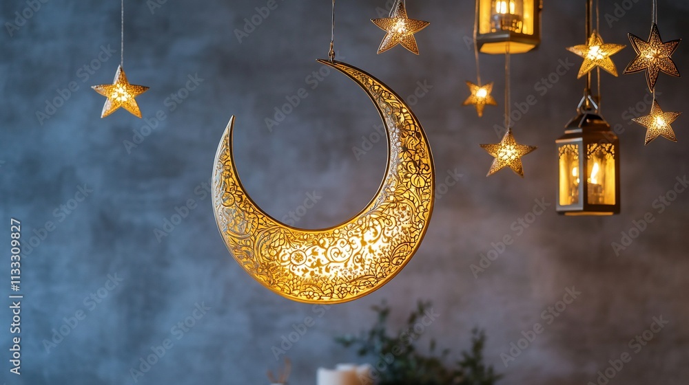 Poster a decorative crescent moon and stars with lanterns, creating a cozy atmosphere.