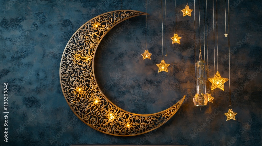 Poster a decorative crescent moon with intricate patterns and hanging stars, creating a serene ambiance.