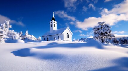 A small white church in the middle of a snowy landscape