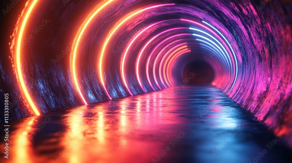 Poster a vibrant tunnel illuminated with colorful neon lights reflecting on a wet surface.