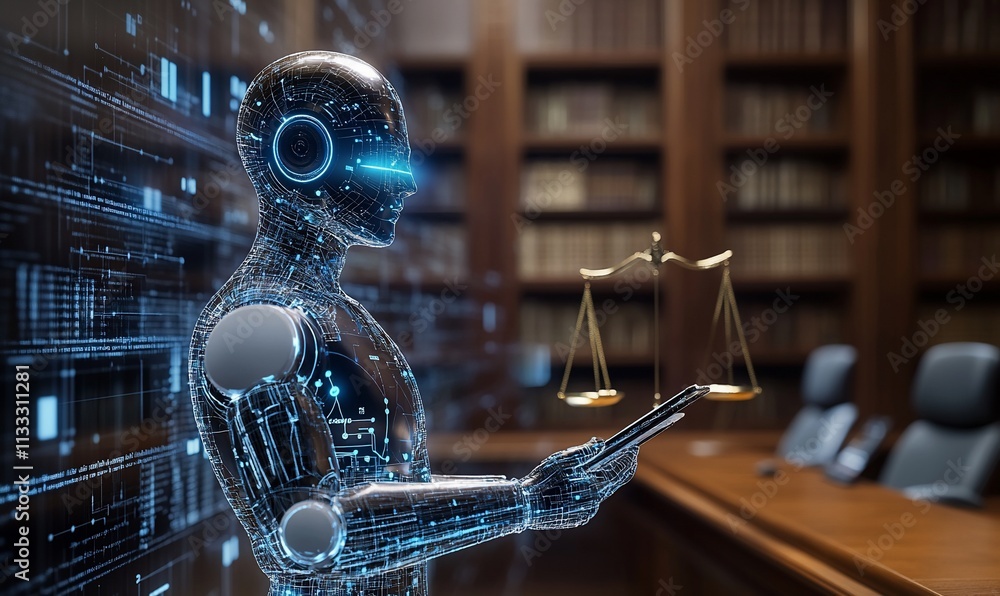 Poster a futuristic robot holding scales in a library setting, symbolizing justice and technology.