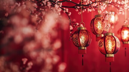 Illuminated red lanterns hanging from a blossoming cherry branch against a red backdrop.