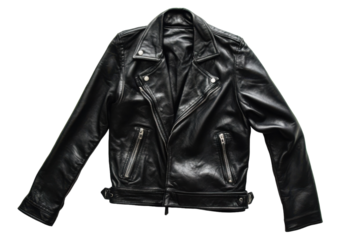 Classic Black Leather Biker Jacket with Zipper Closure with isolated on transparent background