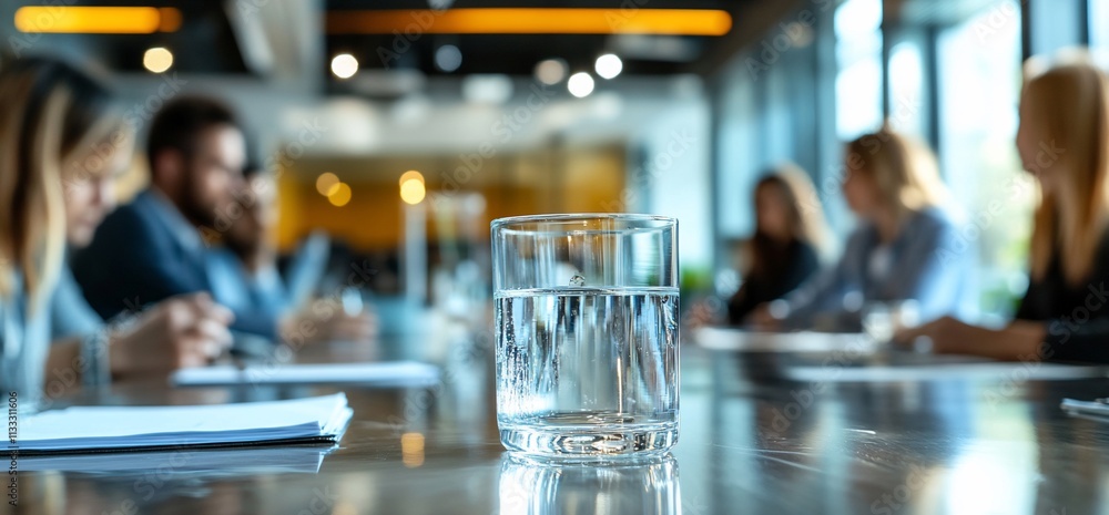 Poster a glass of water sits on a table during a business meeting with participants in the background.