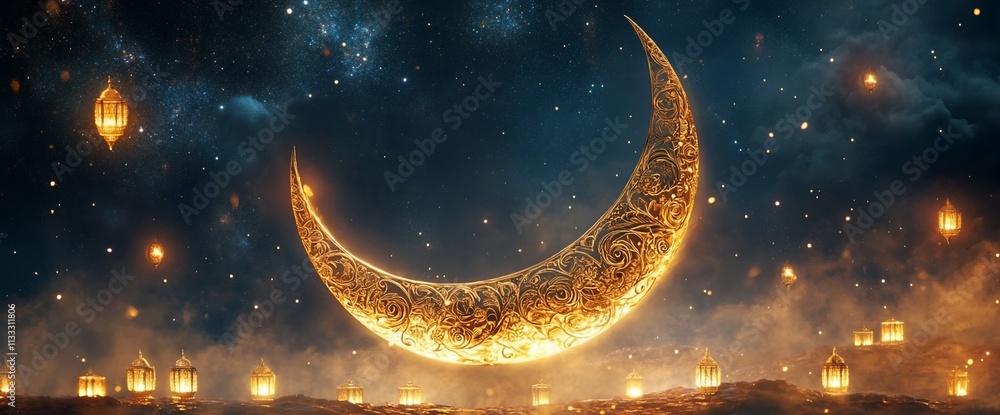 Poster A golden crescent moon adorned with intricate patterns, surrounded by glowing lanterns in a mystical setting.