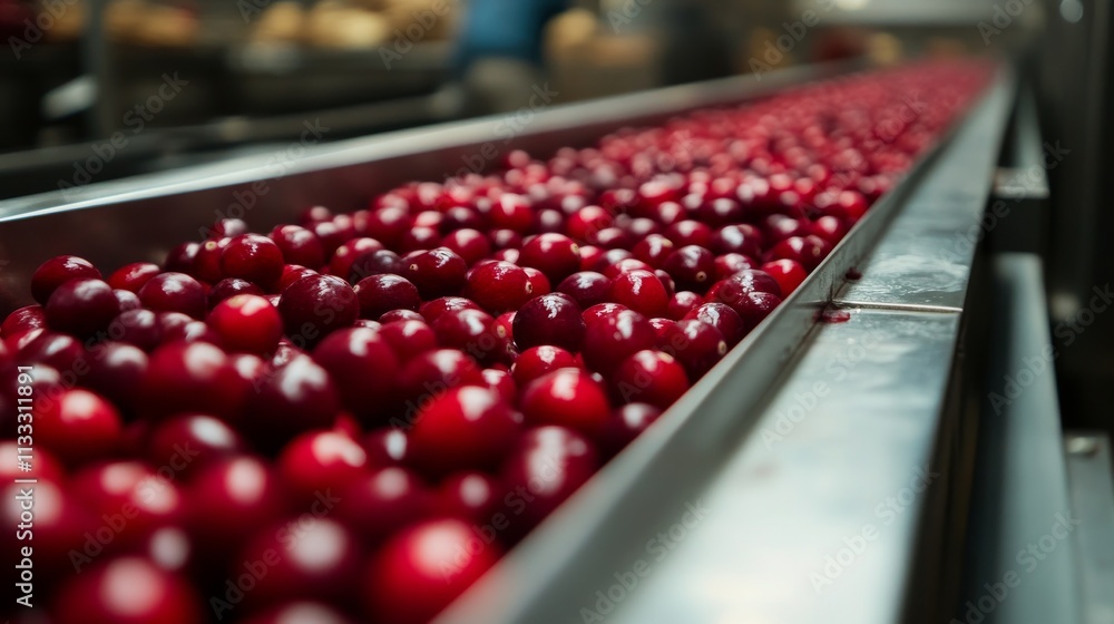 Poster High-quality image of fresh red cranberries being processed on a conveyor belt in an industrial setting. Vibrant colors and sharp focus capture the food production process.. AI Generation